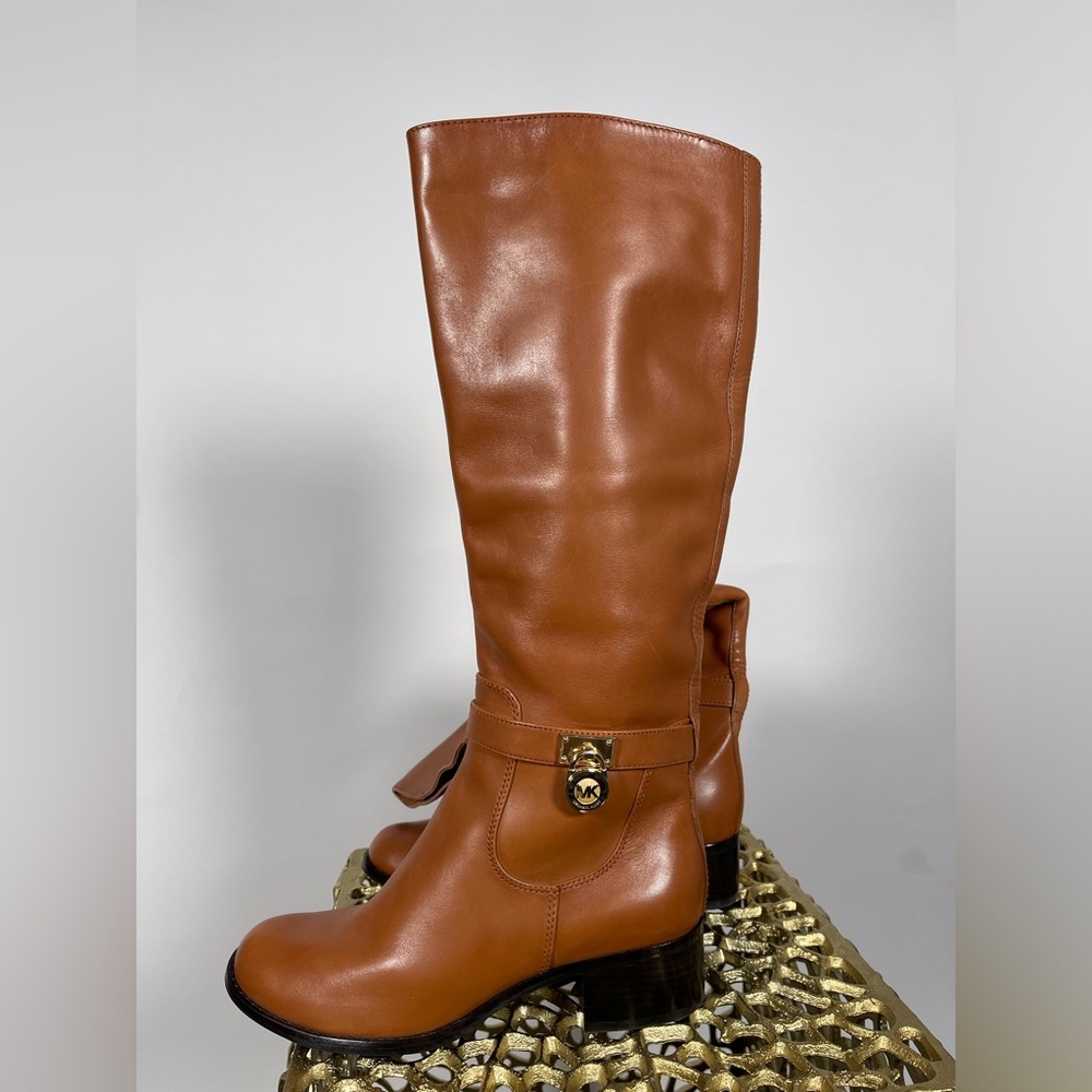 MICHAEL KORS Leather Cognac Chestnut Brown Logo Boots
